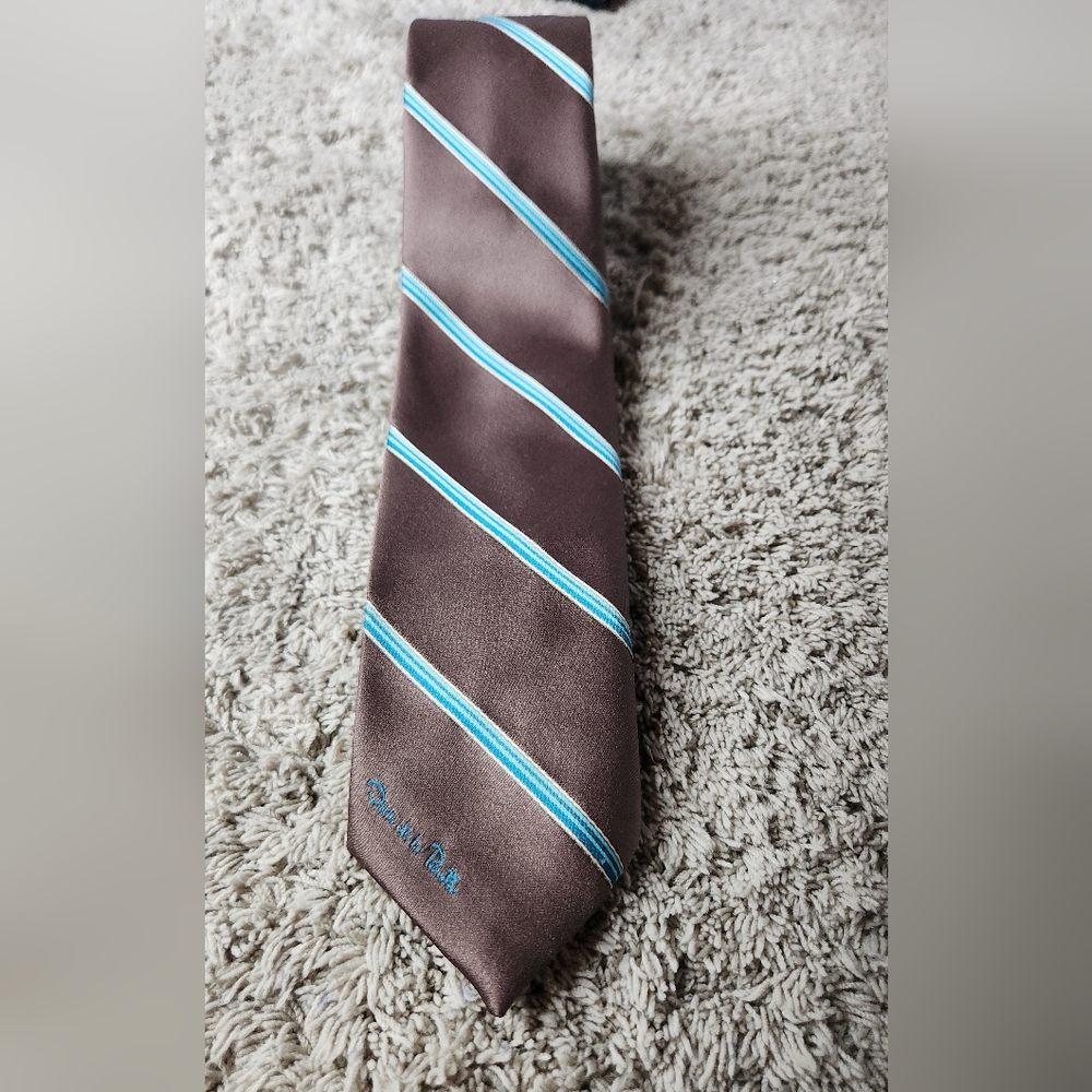 Vintage Oscar de la Renta Couture Tie Brown With Blue Striped Spellout Logo